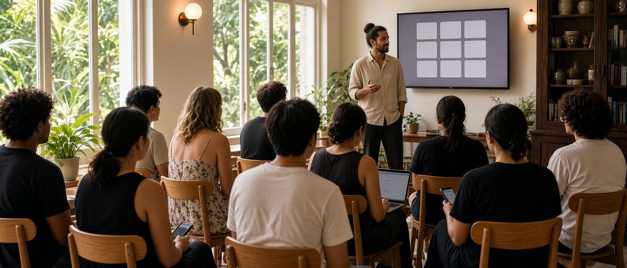 A Conscious Technologists Association gathering in a sunlit Chiang Mai cafe, with attendees facing a presenter and screen